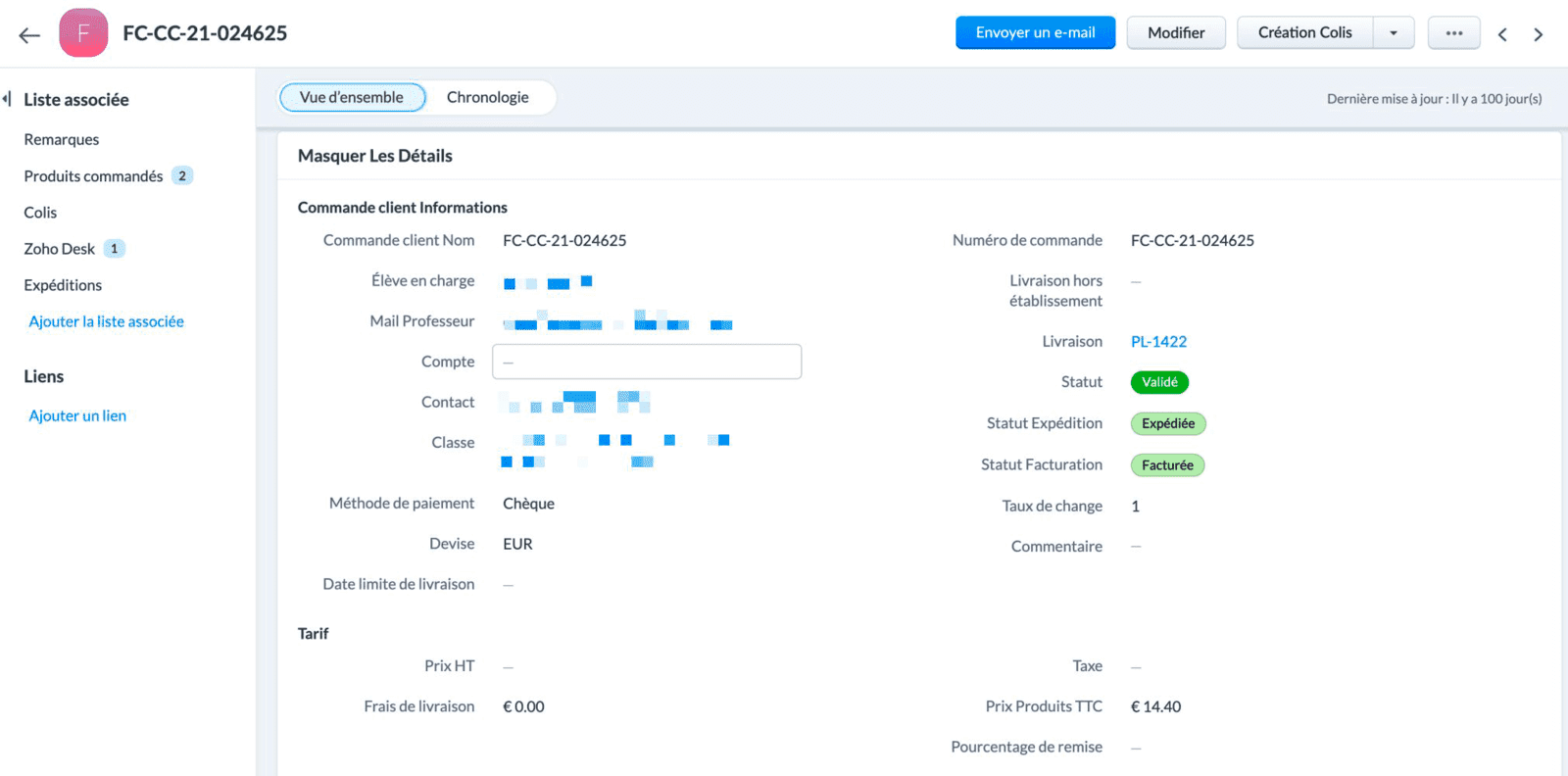 Zoho CRM Commande client