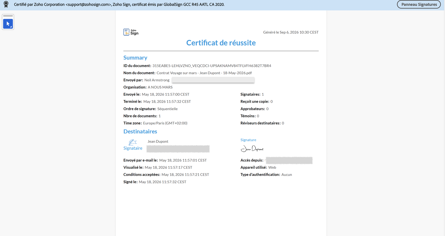La première page d'un certificat d'achèvement Zoho Sign : identifiant du document, expéditeur, horodatages d'envoi, de visualisation, d'acceptation des conditions et de signature, et le type d'authentification employé