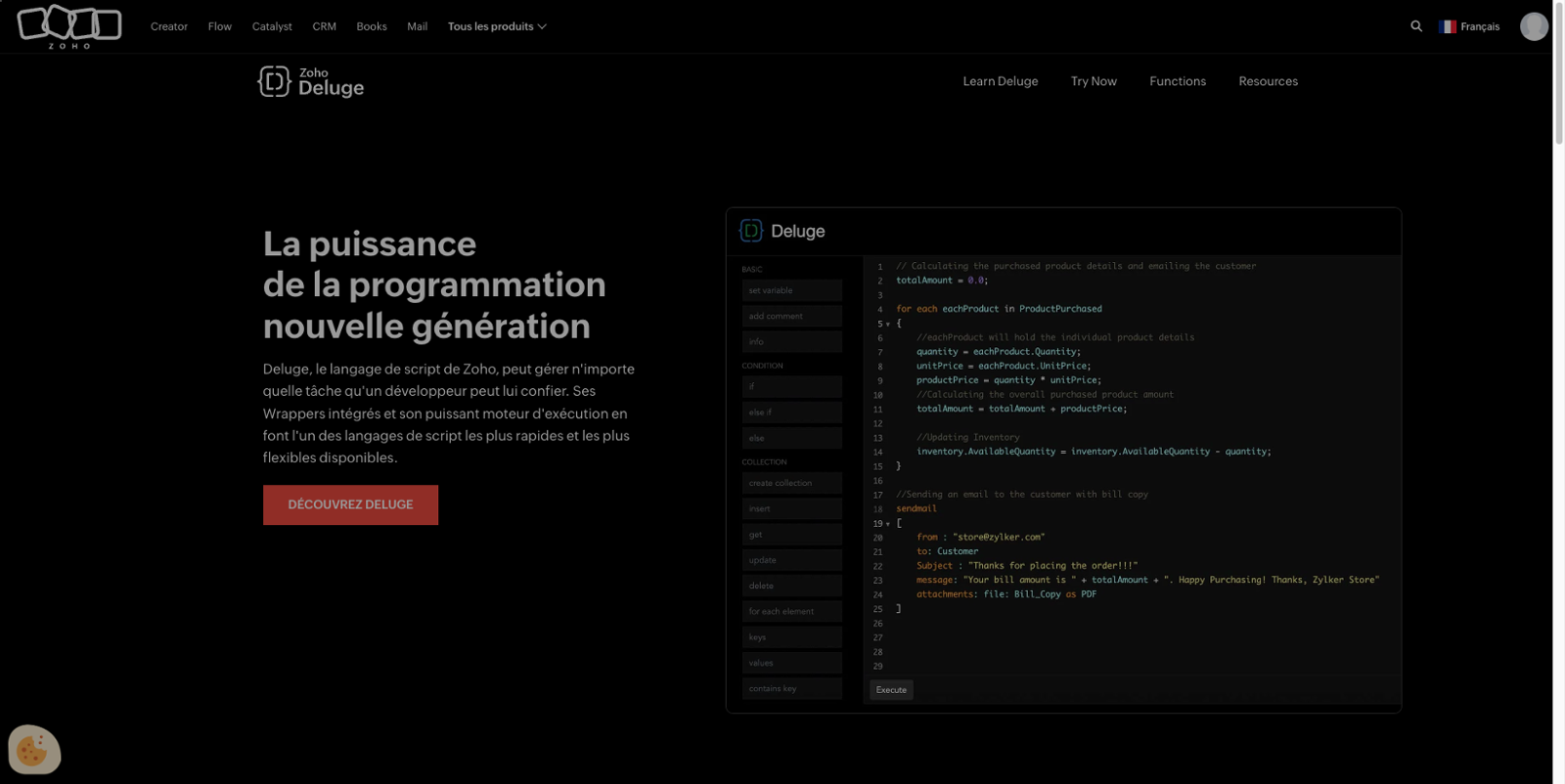 La page produit de Zoho Deluge, avec son éditeur et la colonne de blocs à glisser dans le script
